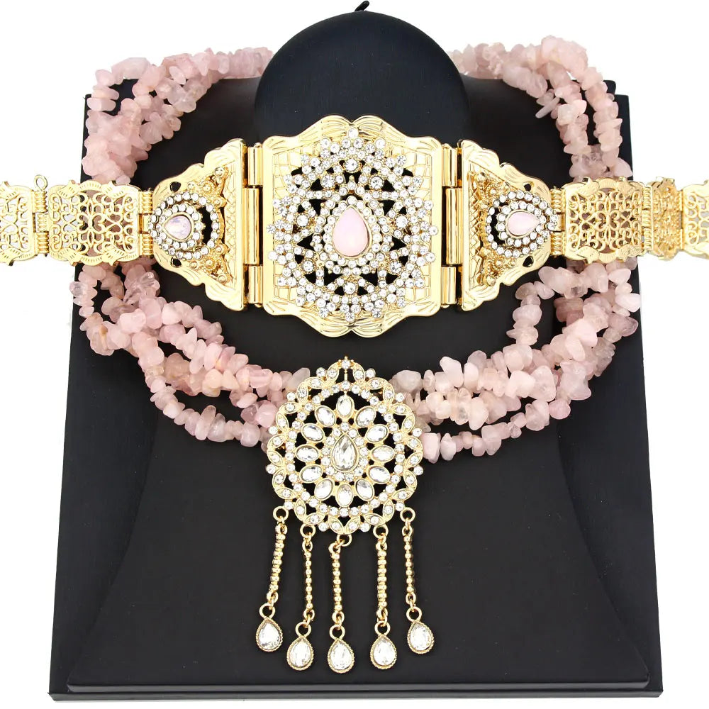 Pink Stone Choker Necklace Caftan Belt Waist Chain Adjustable Gold Color Jewelry Set