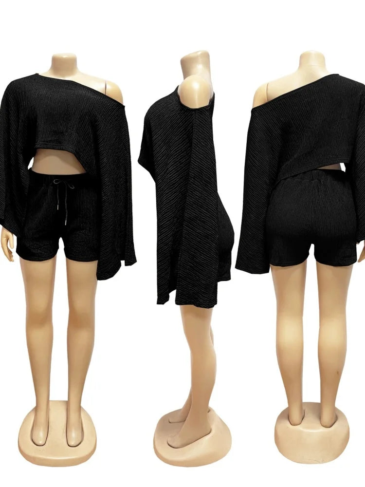 Elegant Off-Shoulder Two-Piece Set – Loose Top &amp; Short Skirt Matching Suit