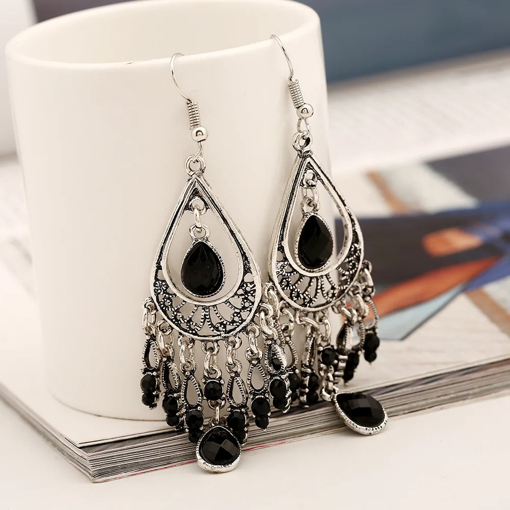 Bohemian Ethnic Style Antique Silver Color Alloy Hollow Acrylic Resin Gems Water Droplet Tassel Earrings