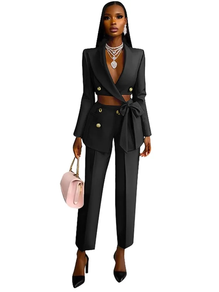 Sexy Waist Cut-Out Blazer &amp; Pants 2‑Piece Set