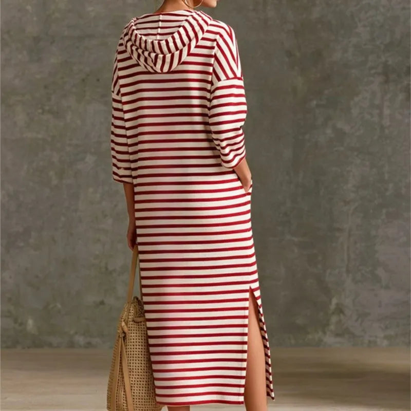 Autumn Striped Hooded Maxi Dress