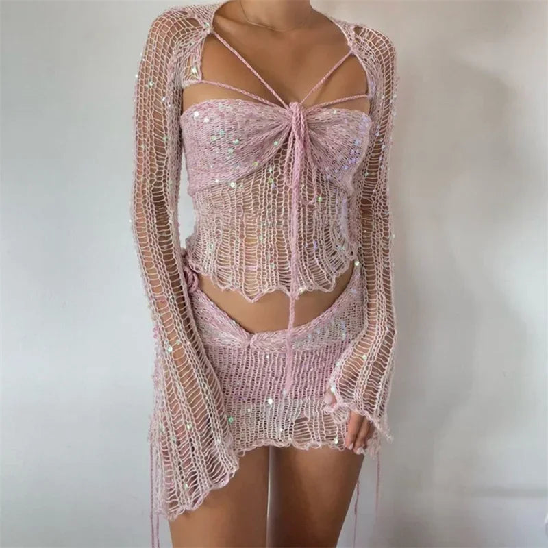 Glitter Sequins Knitted Skirt Sets Women 3 Piece Outfit