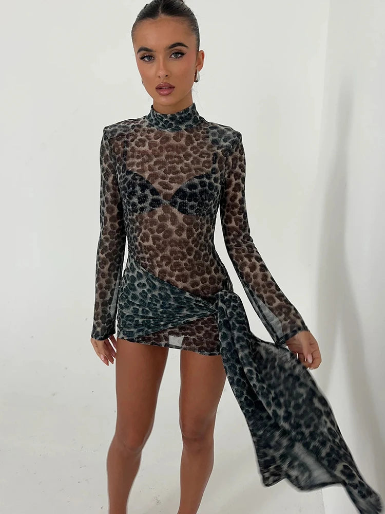 Turtleneck Sexy Sheer Print Leopard Bandage Long Sleeve Mini Dress