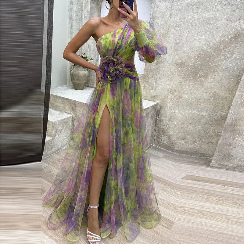 High Split Loose Hem One Shoulder Print Beach Party Dress