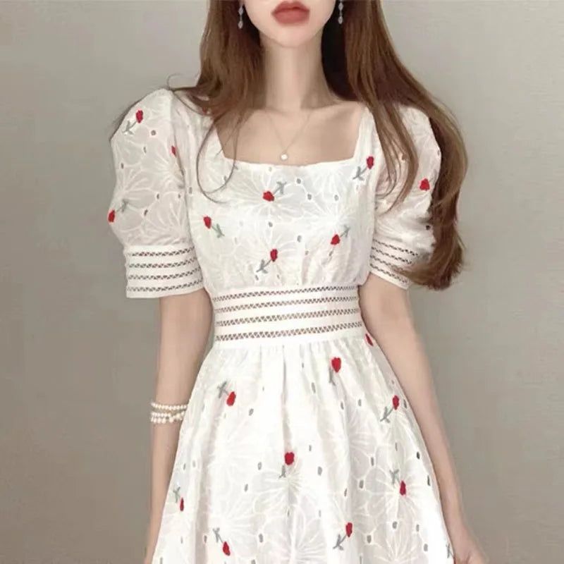 Embroidery Square Neck Hollow A-line Dress