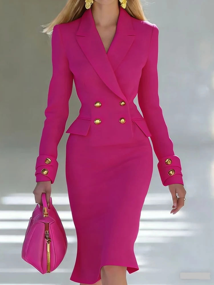 Elegant V‑Neck Double‑Breasted Blazer Dress