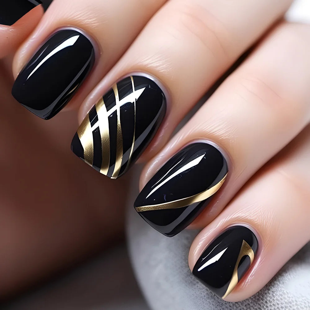 24Pcs Mid-length Square Press-On Nails with Golden Butterfly Design