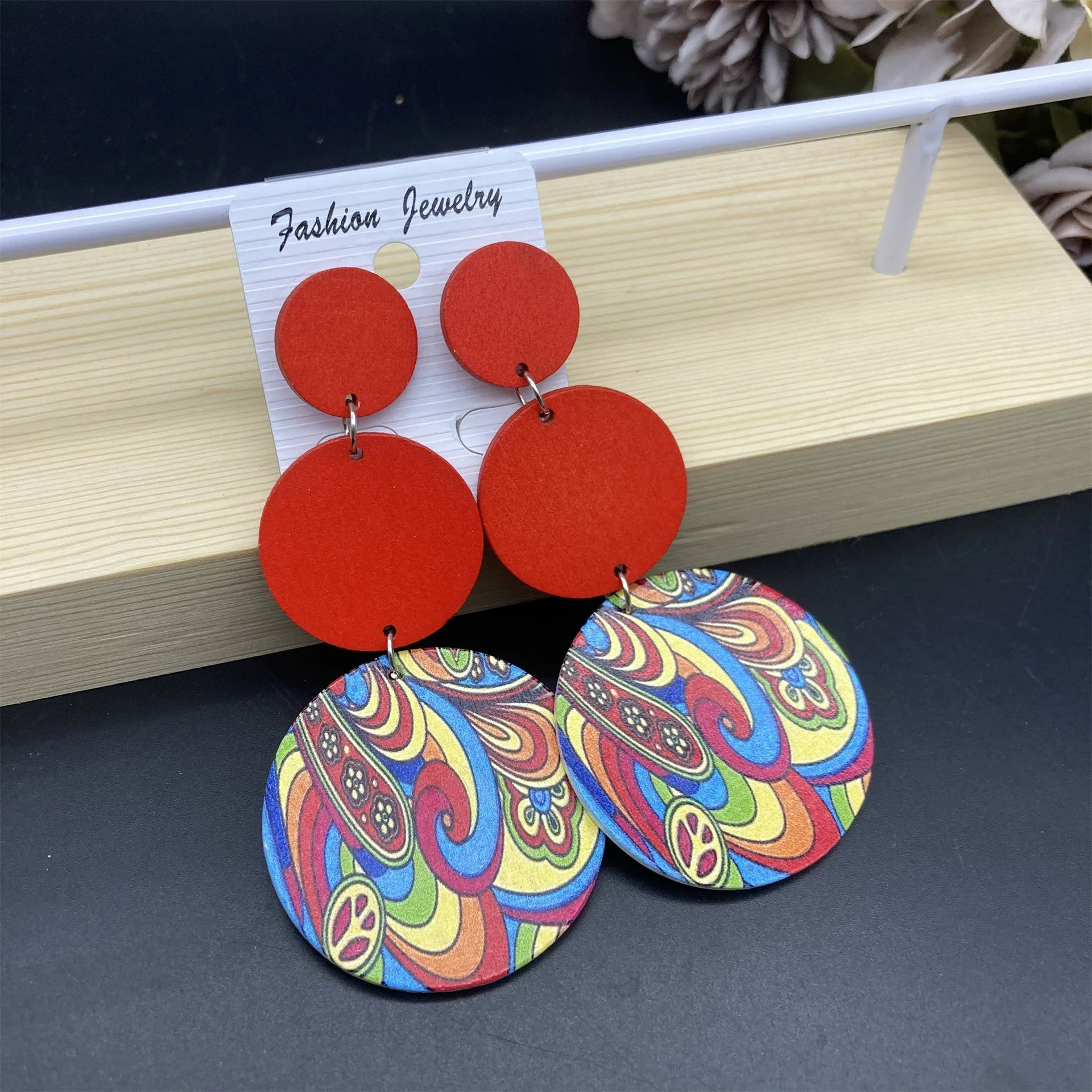 New Ethnic Retro Circular Printed Wooden Earrings – Long Bohemian Colorful Statement Jewelry