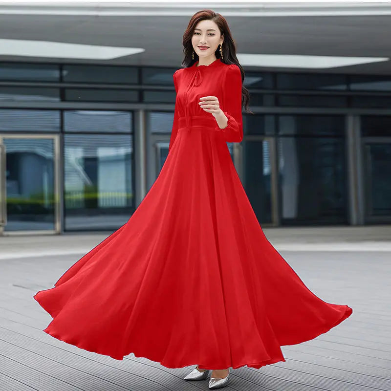 Spring Autumn Fashion Belt Elegant Casual O-neck Long Sleeve Slender Dresses