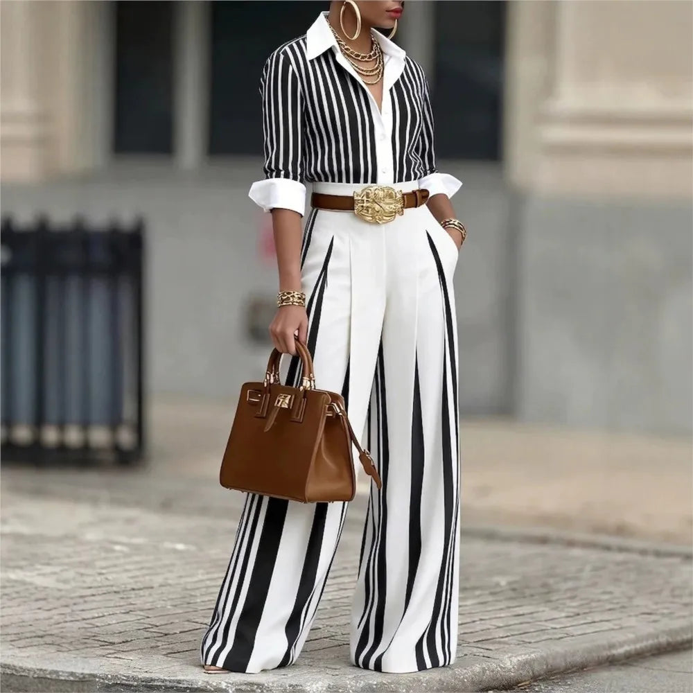 Spring & Autumn Striped 2‑Piece Office Set – Long Sleeve Shirt & Wide Leg Pants with Belt
