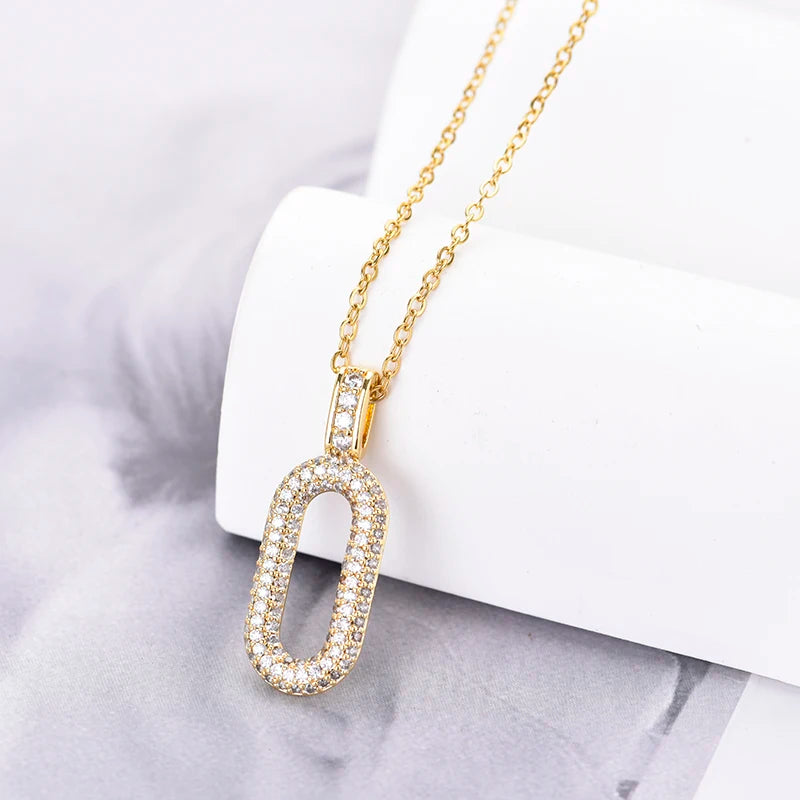Oval Rectangle Hoop Zincon Pendant Necklace - Durable Stainless Steel