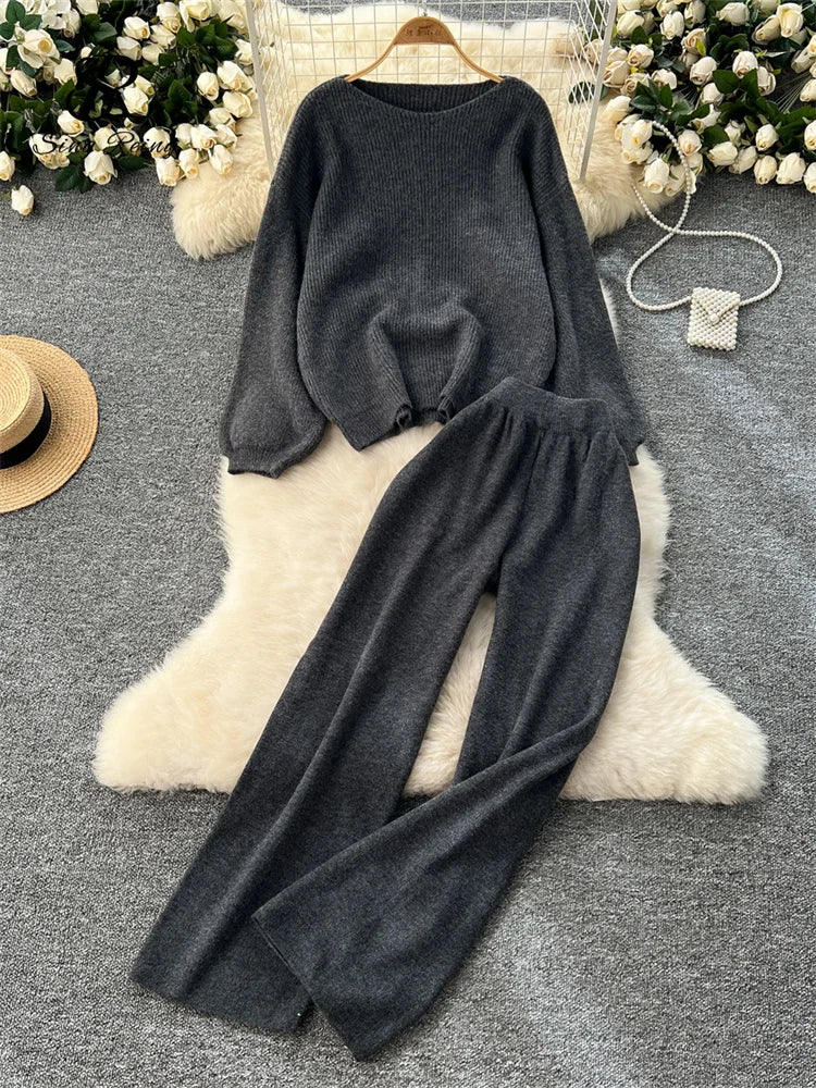 Loose Sweater Tops+High Waist Wide Legs Long Pants