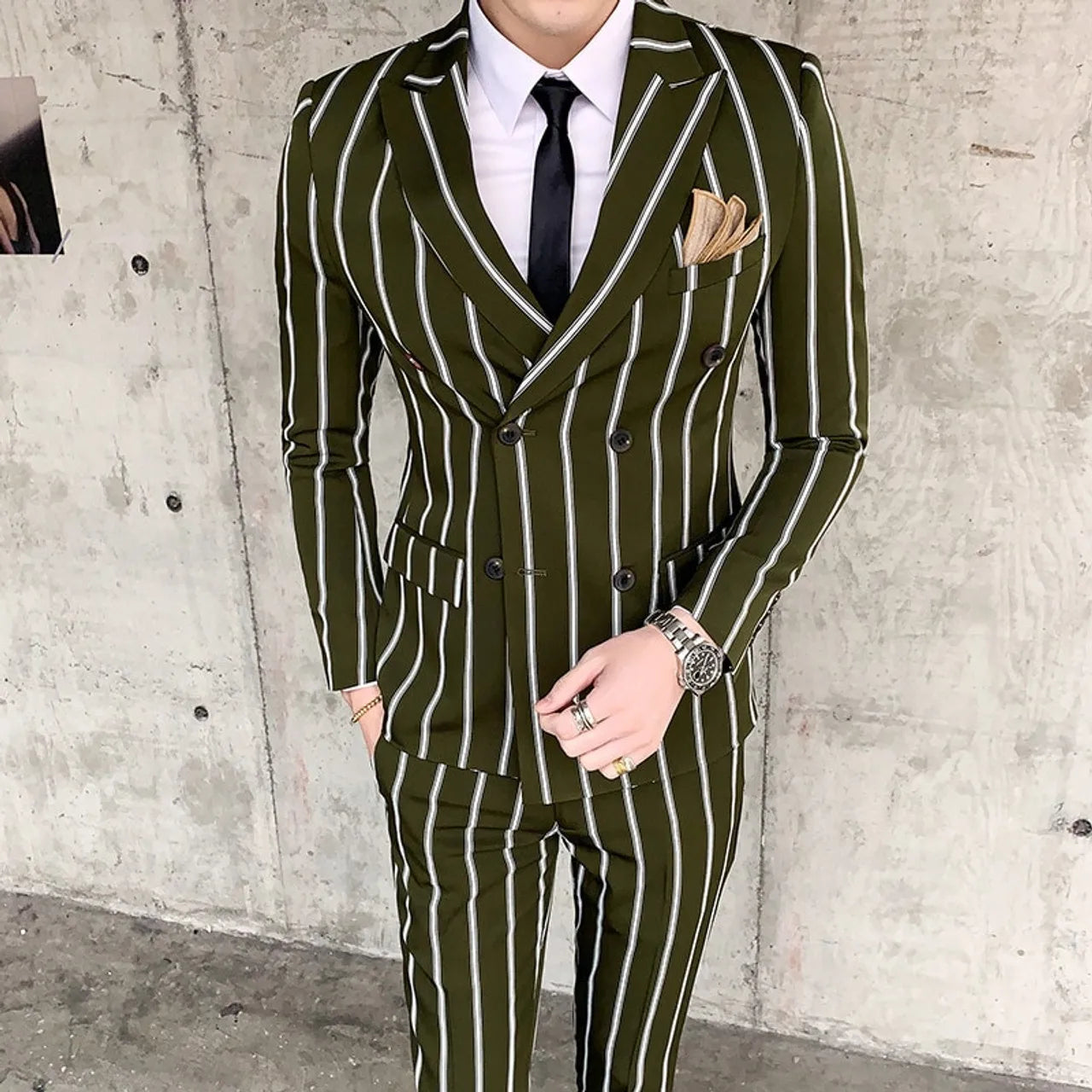 Double-breasted Wedding Groomman Pinstripe Notched Lapel For  (Blazer+Pants)