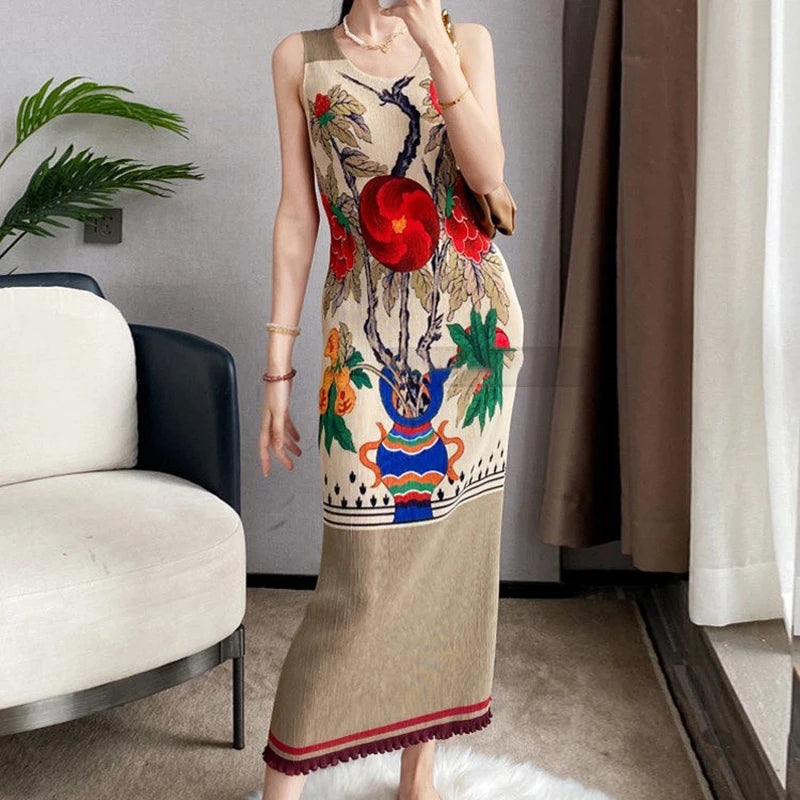 Summer Minimalist Printed Sleeveless Pleated Dress