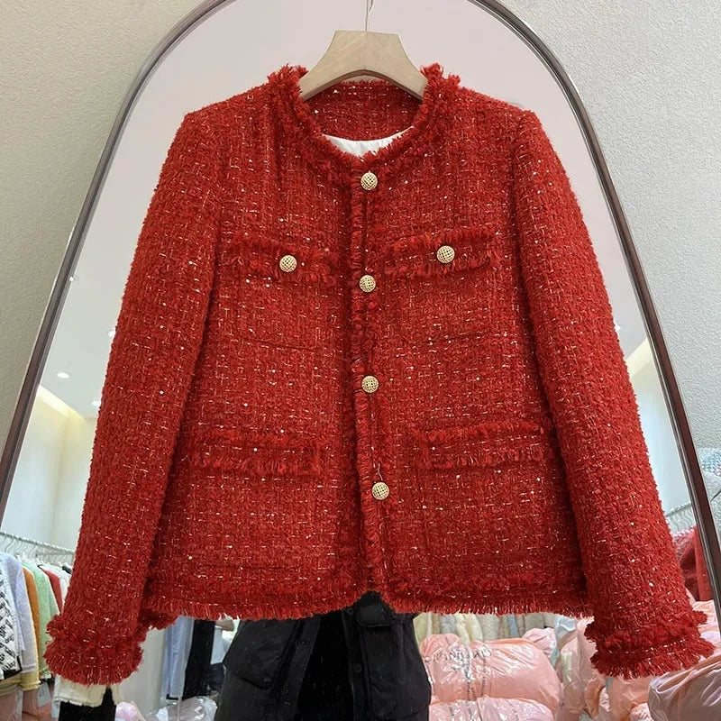 Red Cropped Tweed Coat for Women