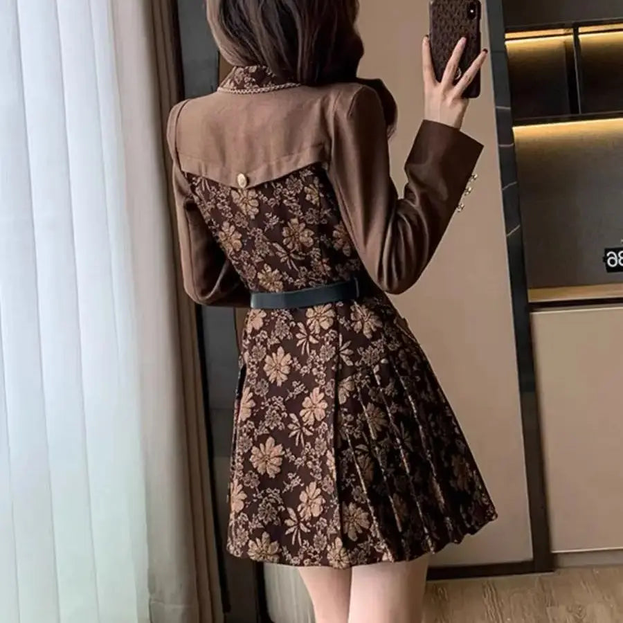 Retro Flower Jacquard Mini Dress – Autumn Patchwork A‑Line Party Dress with Belt
