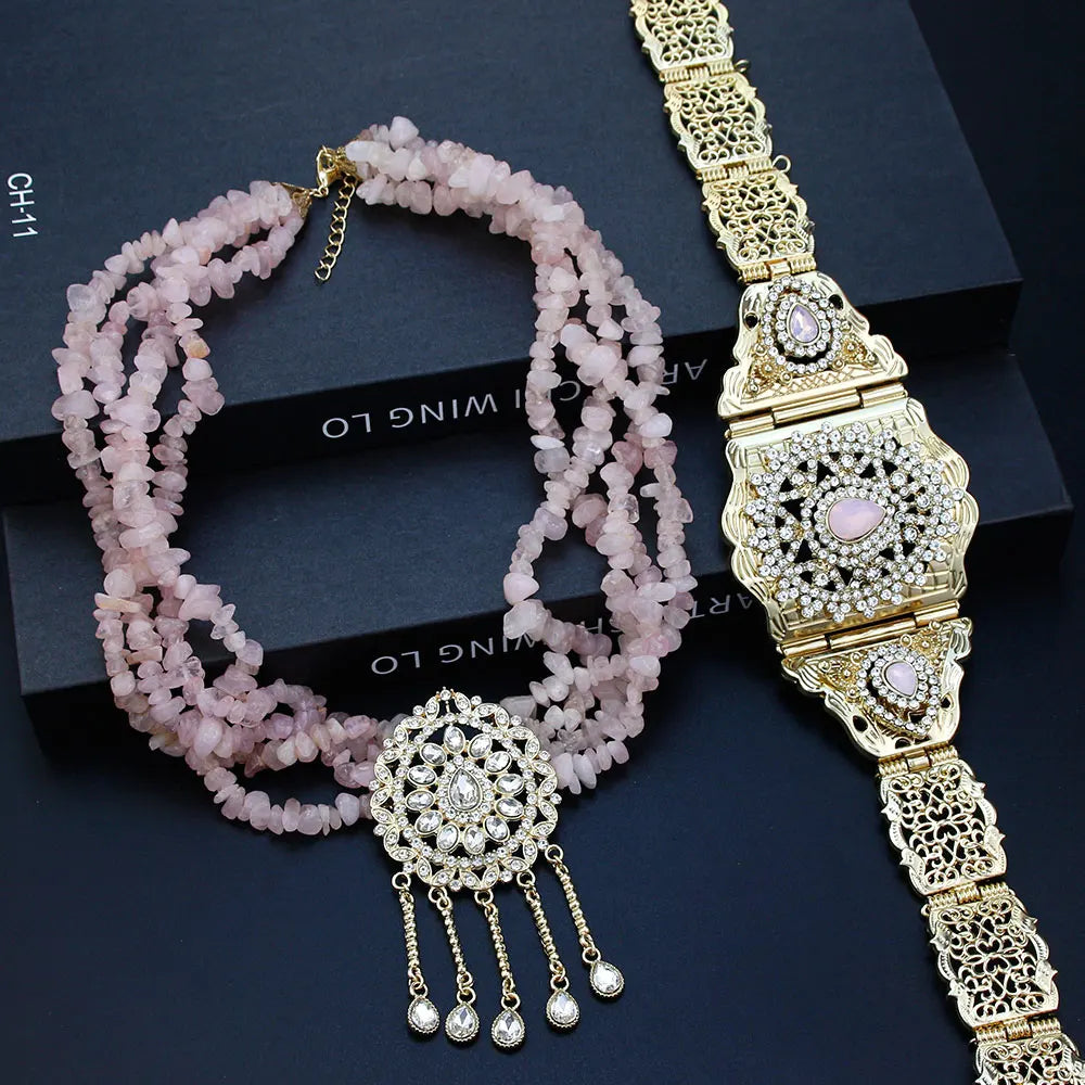 Pink Stone Choker Necklace Caftan Belt Waist Chain Adjustable Gold Color Jewelry Set