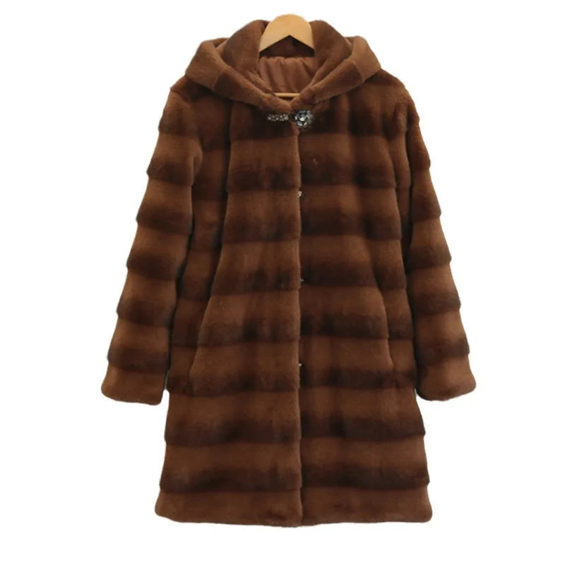 Women’s Faux Fur Mid-Length Hooded Coat – Thick, Warm & Effortlessly Elegant for Autumn/Winter