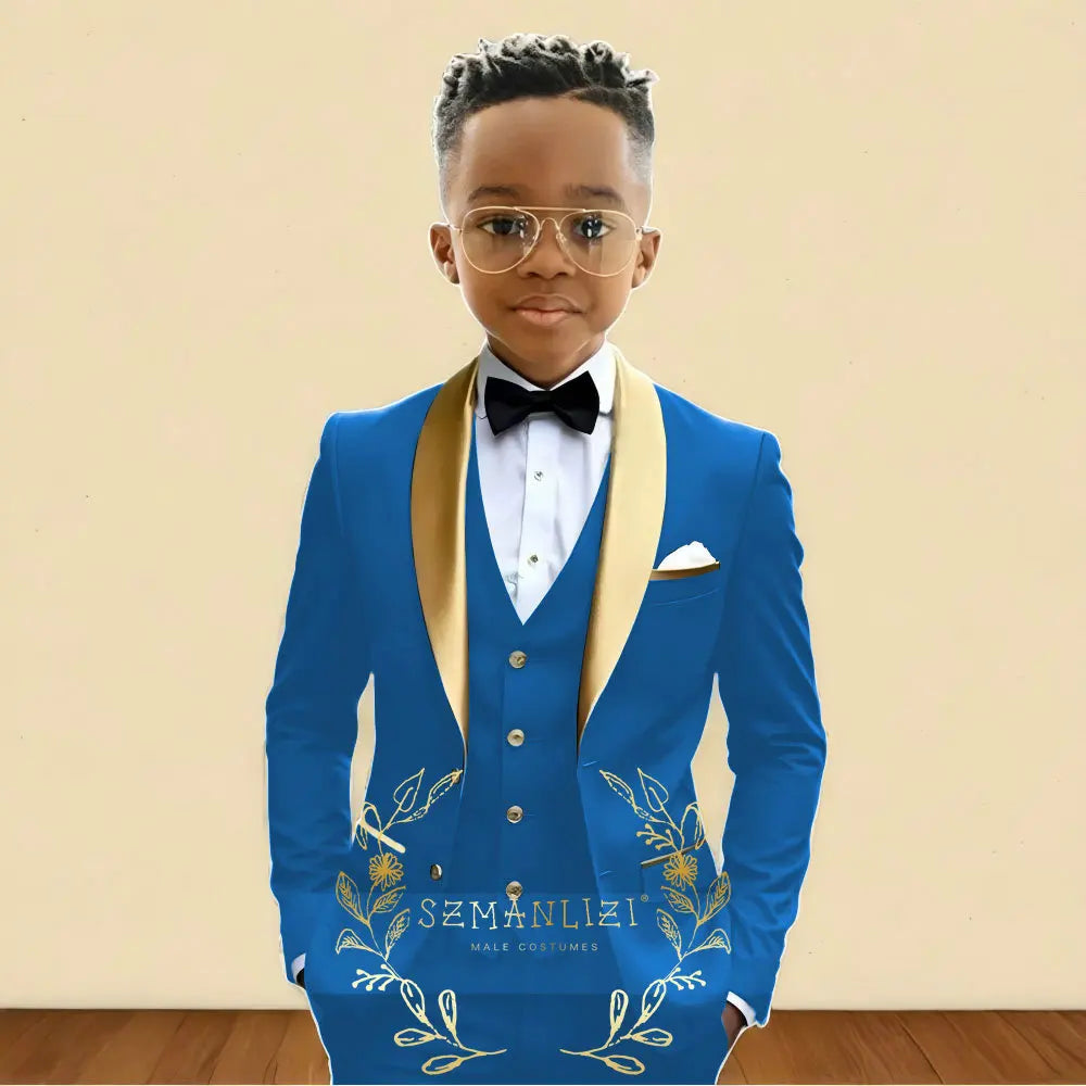 3‑Piece Boys Wedding Suit with Gold Shawl Lapel (2–16 Years)