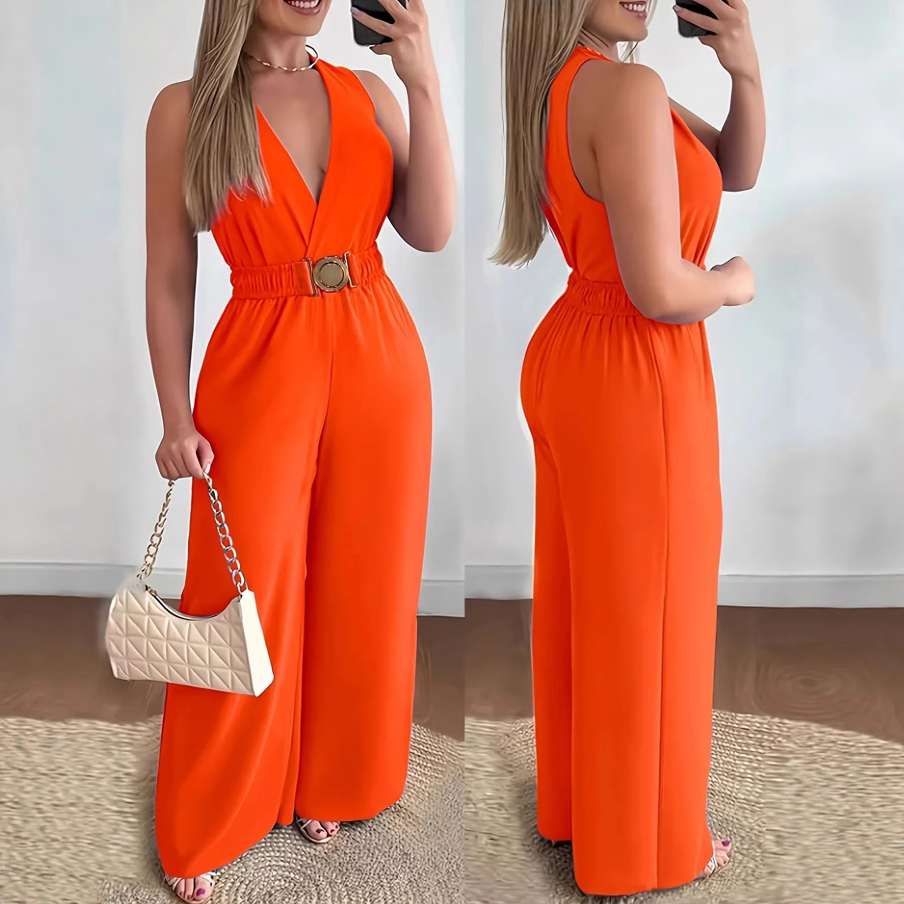 Deep V-Neck Wide-Leg Jumpsuit for Women