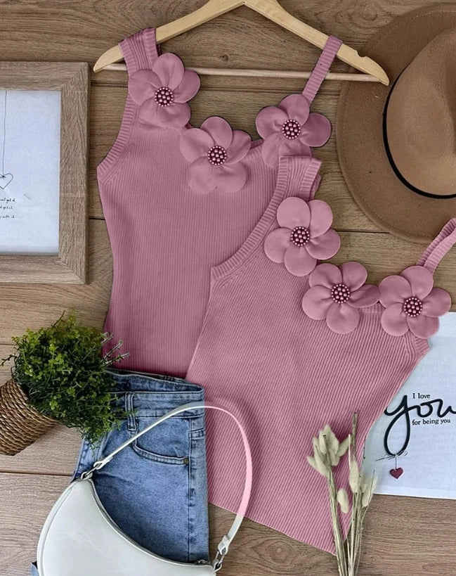 Summer Fashion Floral Pattern Beaded Decor Casual U-Neck Plain Sleeveless Tight Fitting Daily Knit Tank Top
