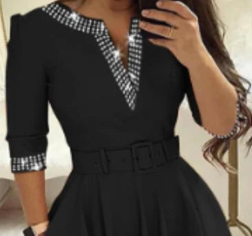 Autumn and Winter Elegant Waist Wrapped Mid Long Sleeve Solid V-Neck Fashion Dresses