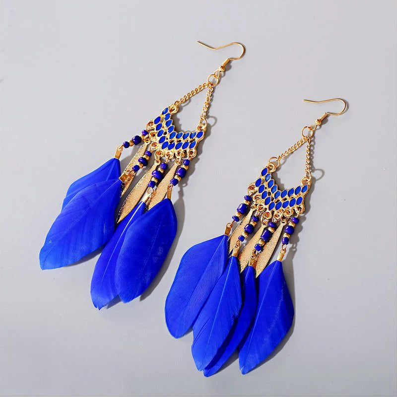 Boho Long Feather Dangle Earrings – Handmade Tassel & Enamel Flower Statement Jewelry for Women