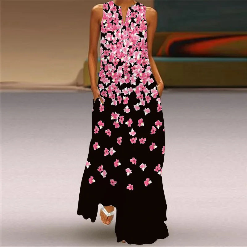 Summer Dress Sleeveless V Neck Floral Letter Print Maxi Long Dresses