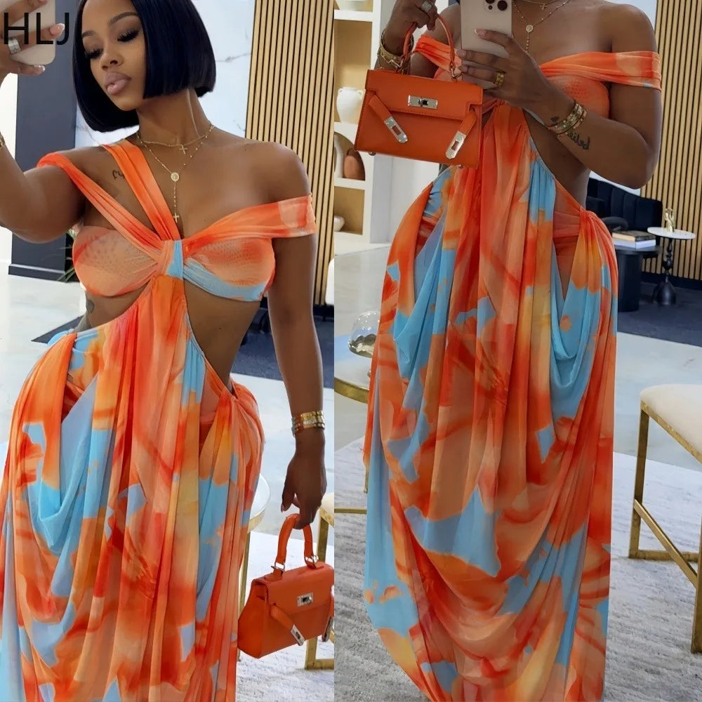 Sexy Tie Dye Patchwork Bodycon One Shoulder Hollow Out  Backless Long Dress for Beach
