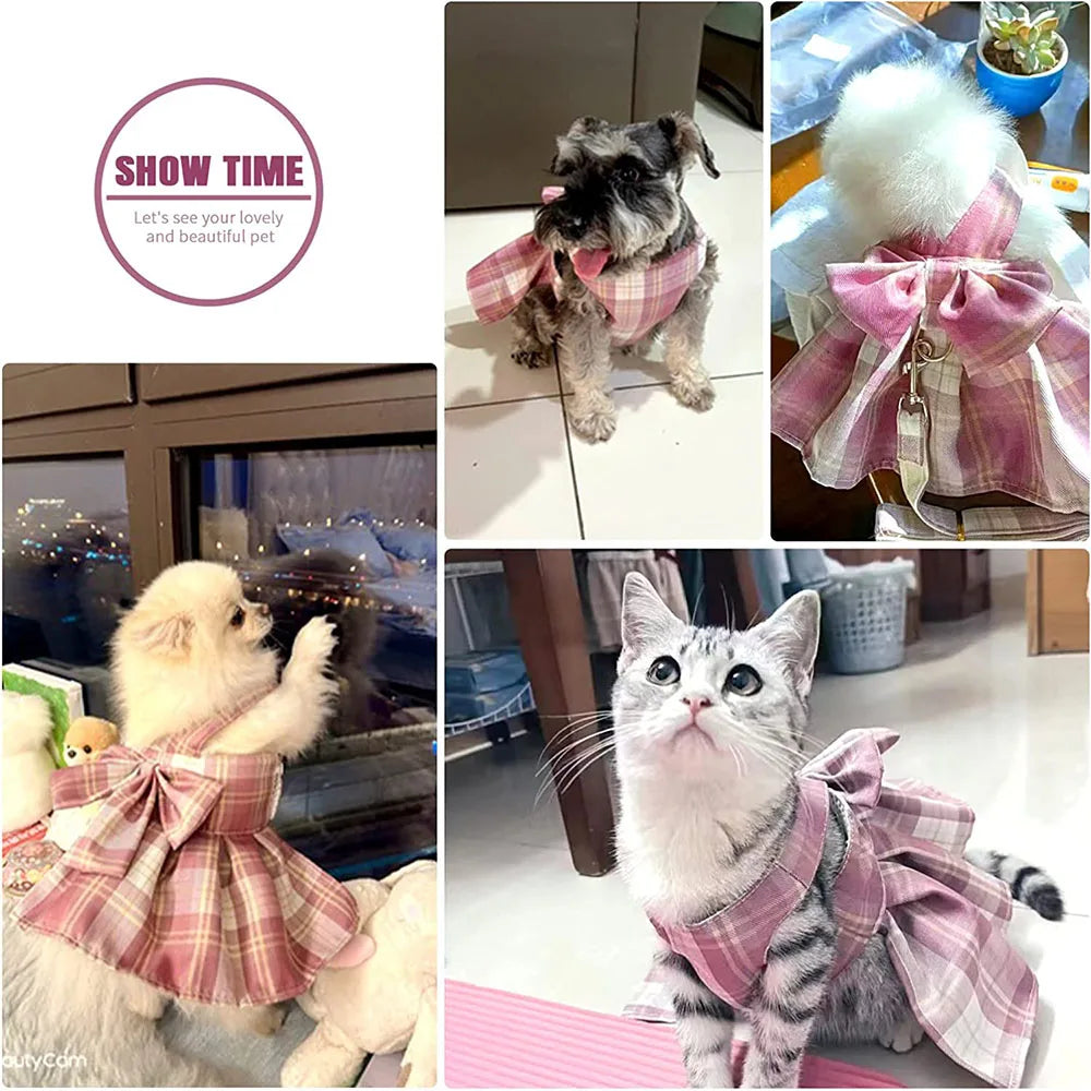 Plaid Dog Dress Bow Tie Harness Leash Set for Small Dogs Cats
