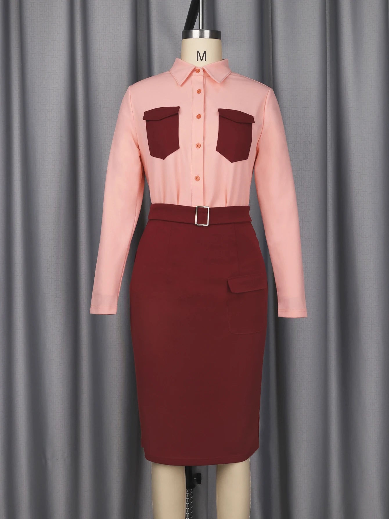 Long Sleeves Turn Down Collar Color Block Patchwork Dress