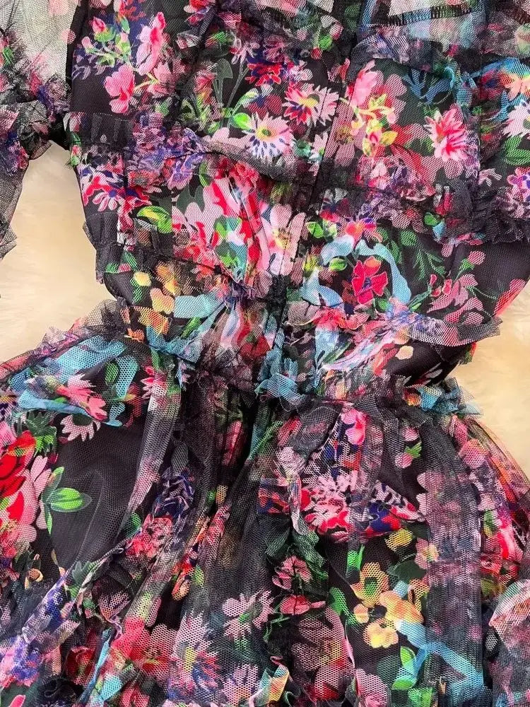 French Elegant Print Gorgeous Flower Cascading Ruffles Long Dress