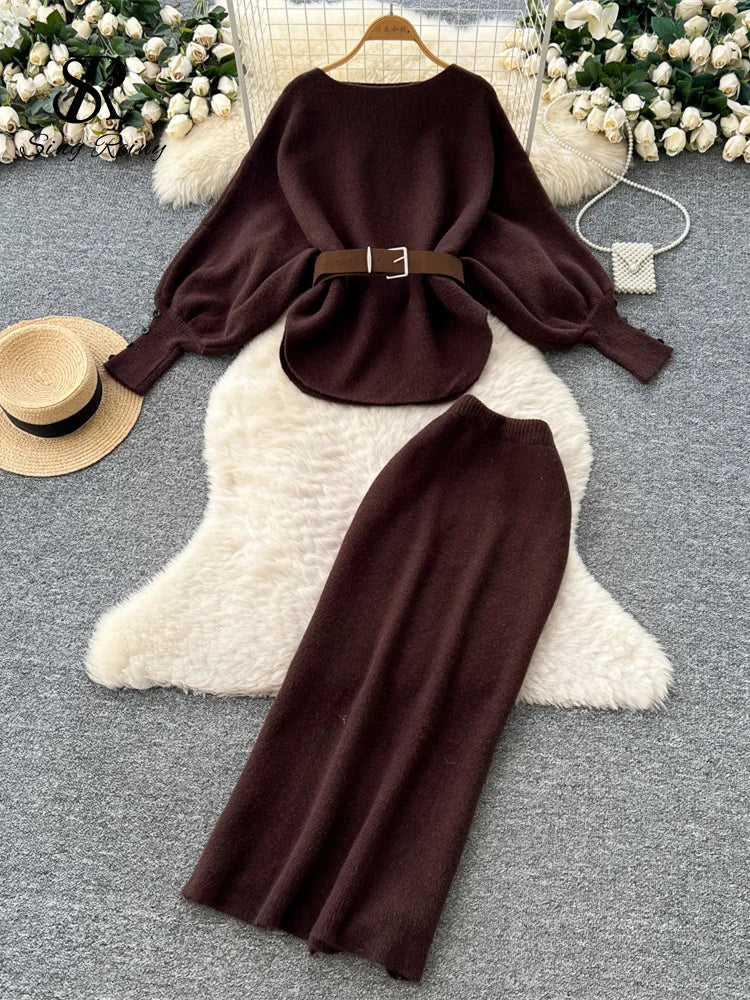 Autumn Batwing Sleeve Tops+High Waist Long Skirt