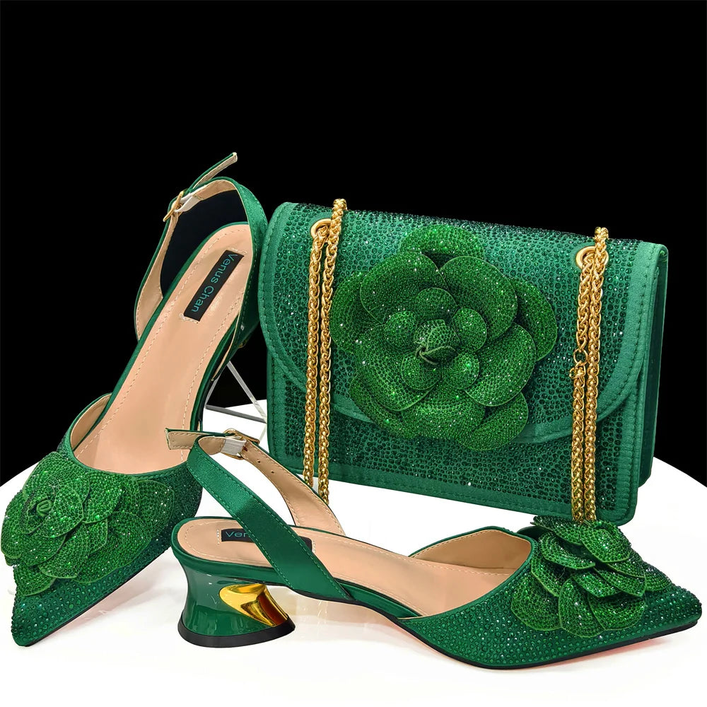 Italian Design Evening Shoes And Bags Paired With Handmade Petal Gold Colour Pointed Toe Mid-Heel Shoes For Women Party Shoes