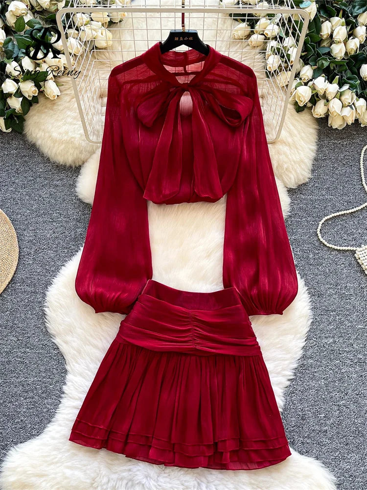 French Style Lace Up Bow Tops+Mini Draped Skirts 2Pcs Sets