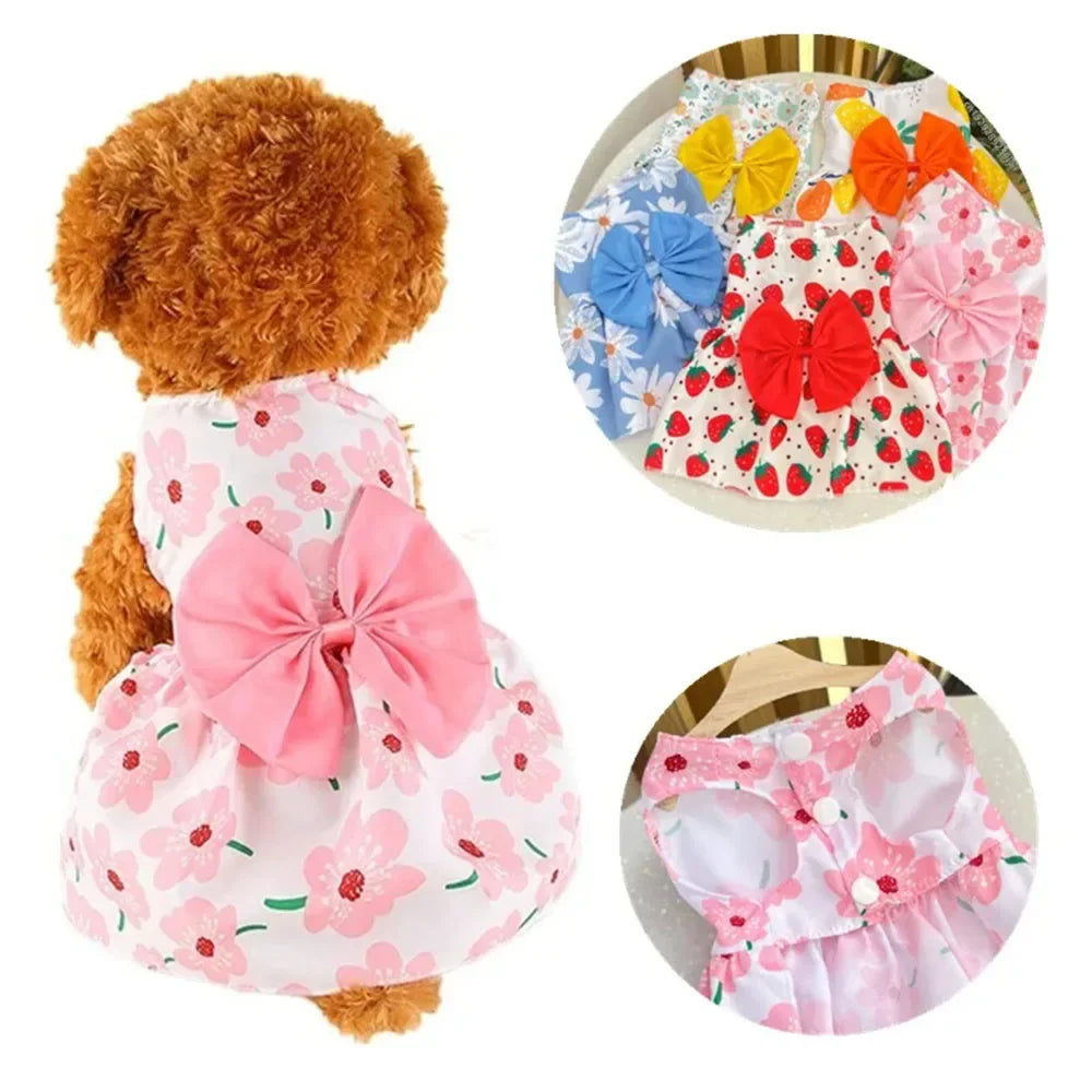 Cute Printed Bow Lace Dog Dresses for Small Medium Puppies