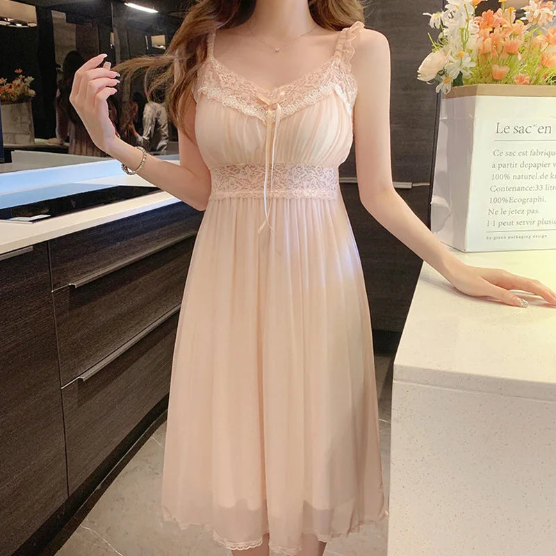 Women Long Suspender Nightgown French Elegant Court Style Nightdress Sleepwear Sexy Lace Trim Nightwear Loose Home Dressing Gown