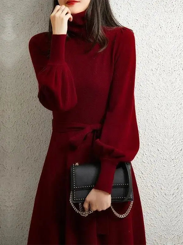 Autumn Winter Lantern Sleeve Turtleneck  Warm Knit Sweater Dress