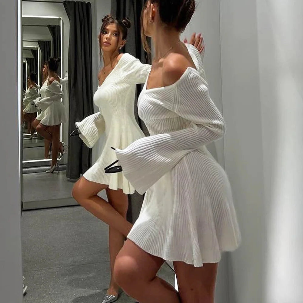 Knitted Off Shoulder V Neck Mini Dress