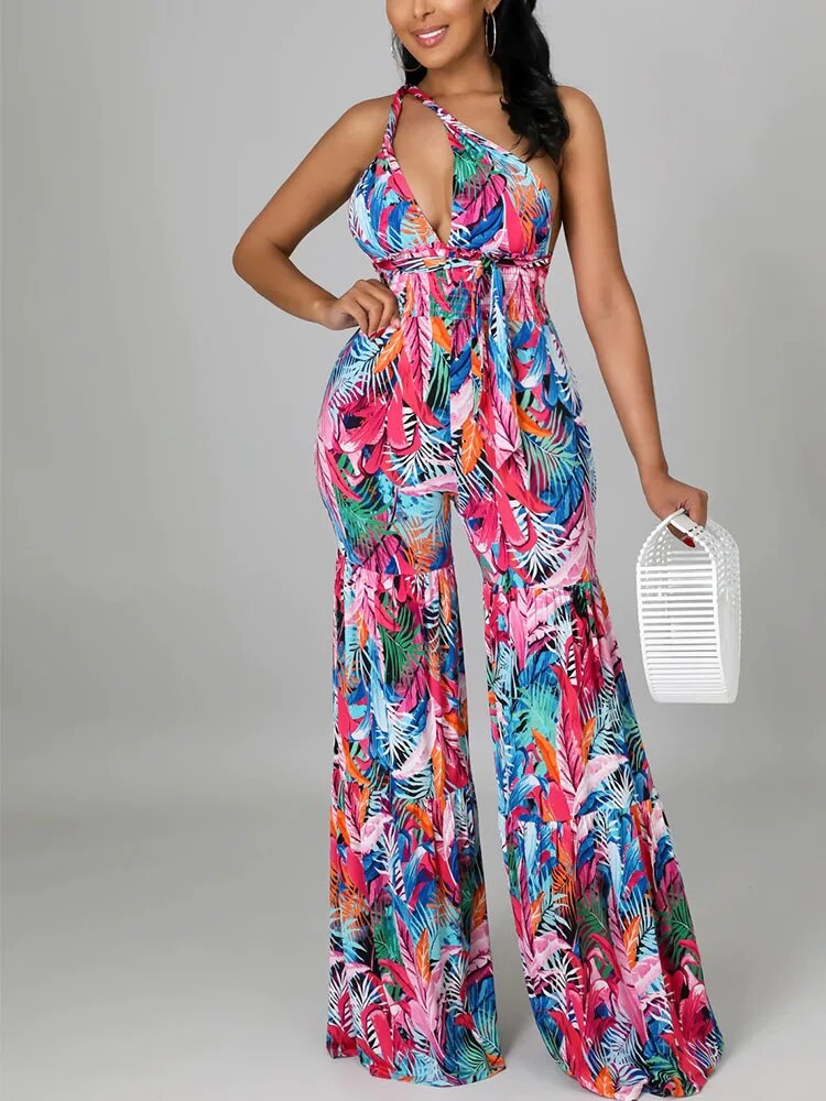 Adjustable Shoulder Floral Printed Jumpsuit