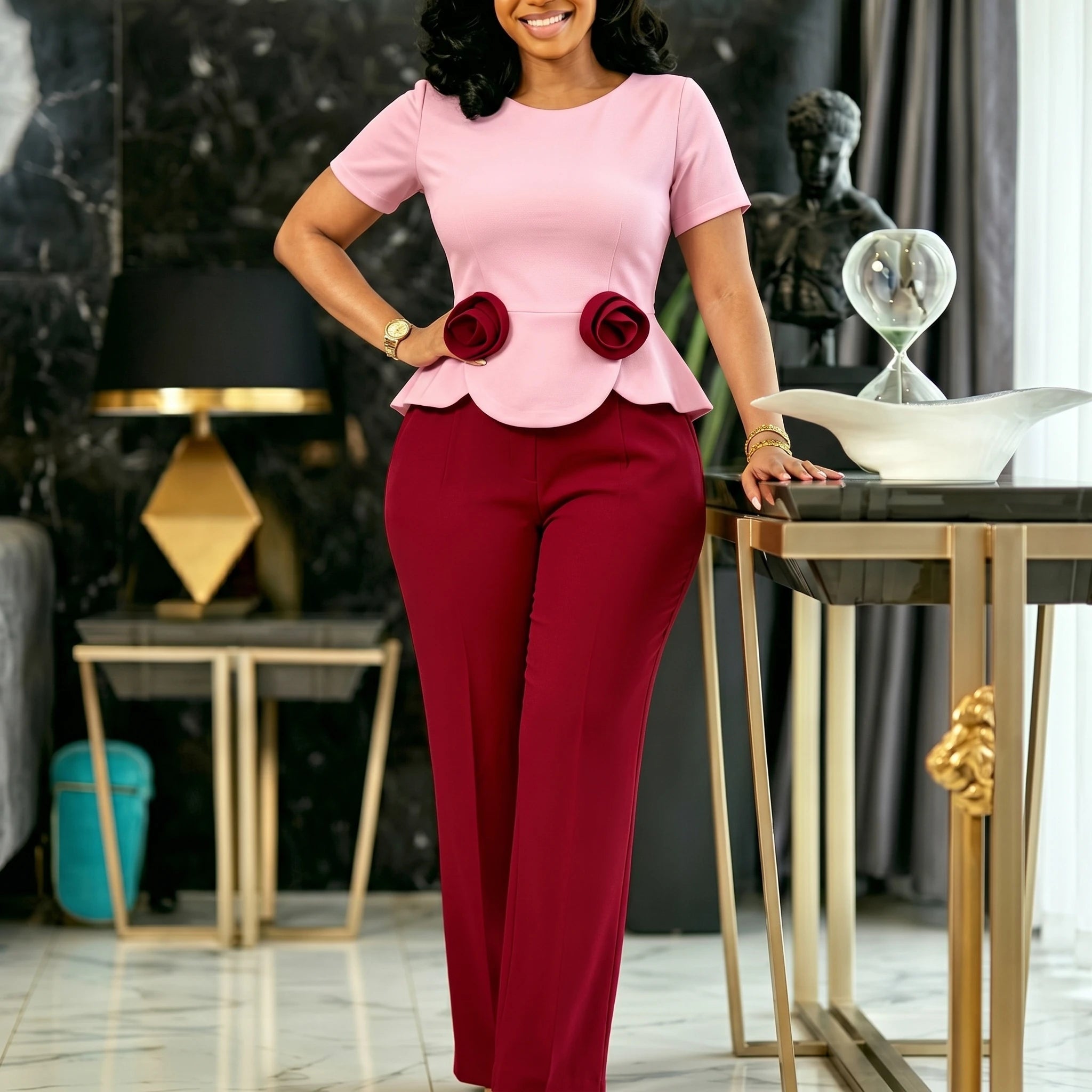 Women’s Colorblock 3D Flower Peplum Jumpsuit – Elegant Wide-Leg One-Piece for Office, Church & Special Events