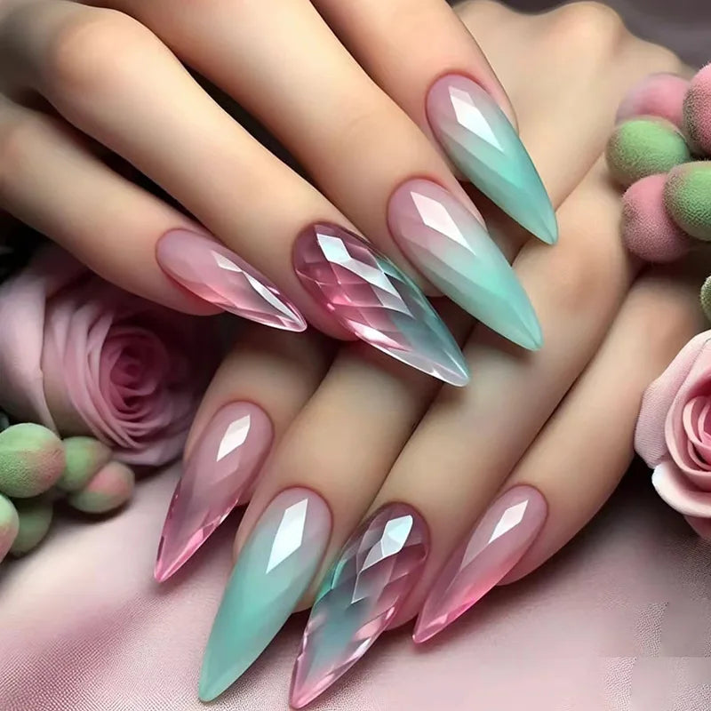 24Pcs Simple Almond Fake Nails with Green Leaves Design