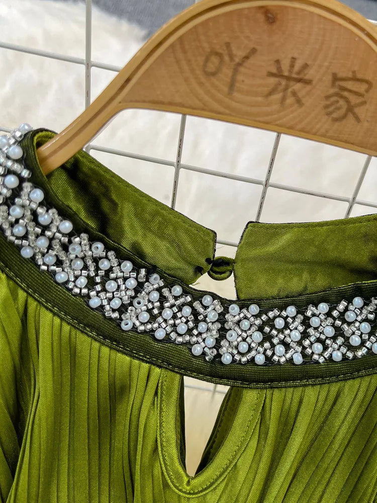 Diamond Pleated High Waist Stand Collar Long Sleeve A-line Dresses
