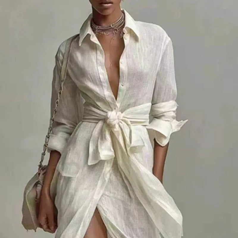 Boho White Linen Wrap Shirt Maxi Dress