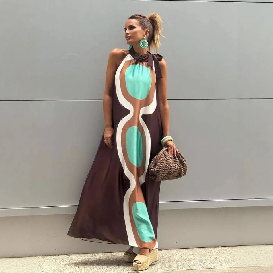 Casual Print Halter Neck Lace‑Up Maxi Dress