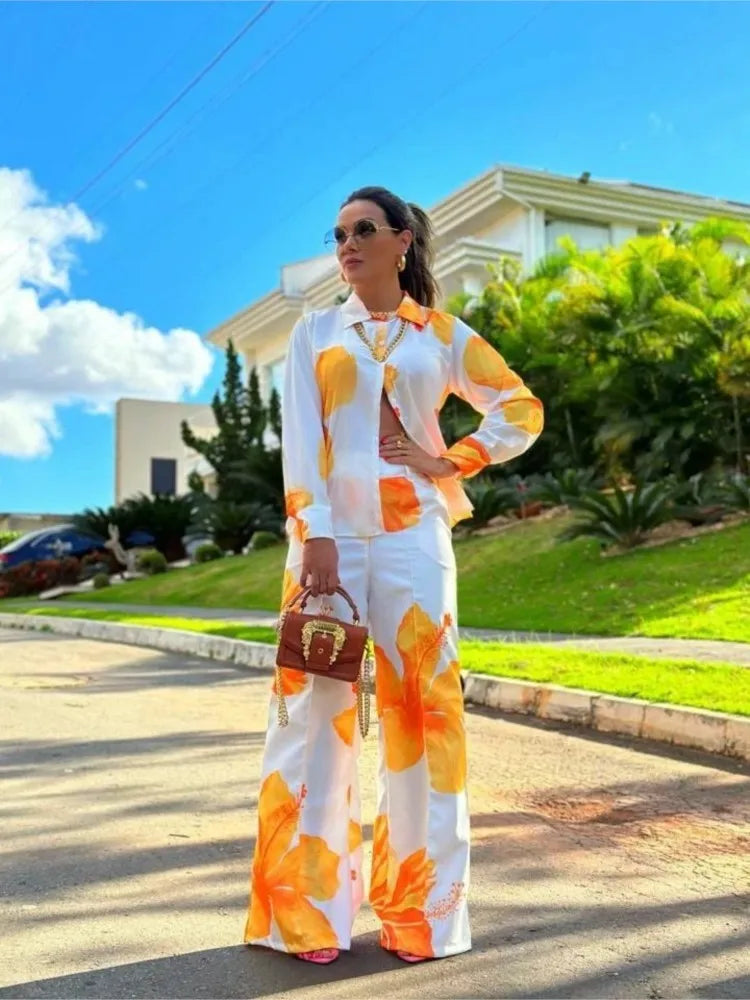Floral Fashion Printed Shirt Spring Autumn Wide Leg Pants Two-piece Set