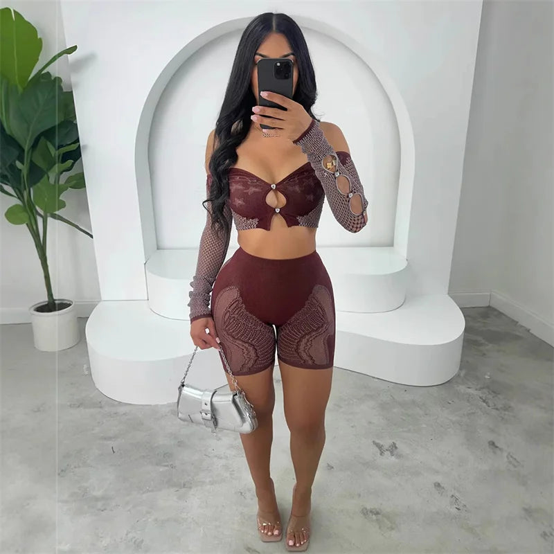 Long Sleeve Hollow Out Crop Top and Shorts Matching Sets