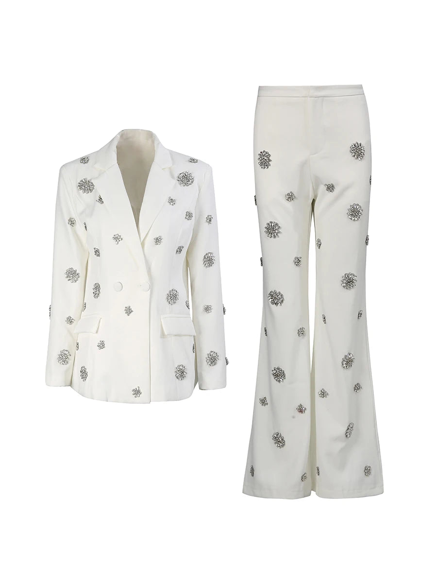 Patchwork Diamonds  Notched Collar Long Sleeve Blazer High Waist Flare Pant Chic Sets
