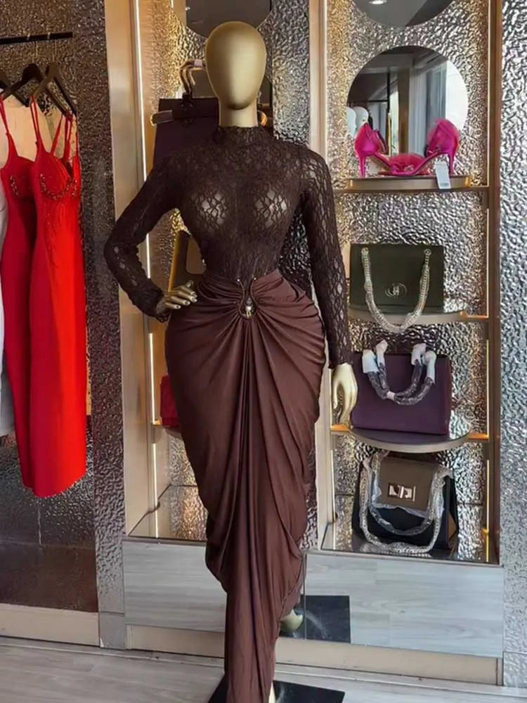 Brown Lace Top Long Sleeves Chic Pleated Long Skirt