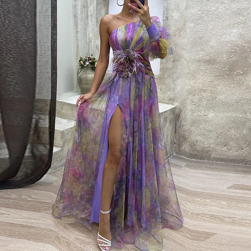 High Split Loose Hem One Shoulder Print Beach Party Dress